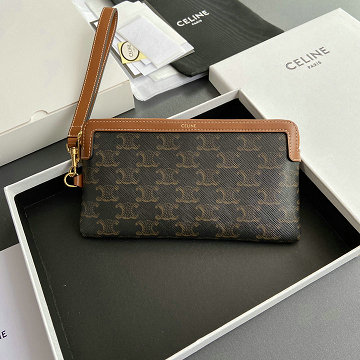セリーヌ CELINE 2025年新作 10K672 ストラップ付きロングポーチ ファスナー長財布 クラッチバッグ トリオンフキャンバス カーフスキン